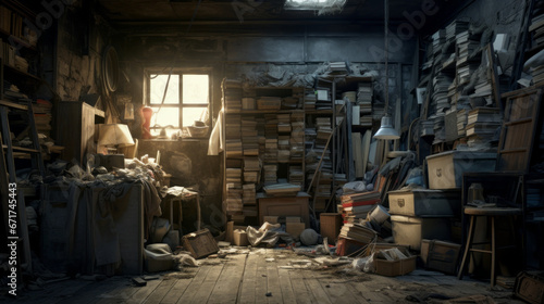 An old, forgotten storeroom with piles of forgotten items photo