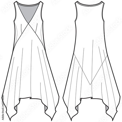 Women sleeveless a line handkerchief hem dress design flat sketch fashion illustration with front and back view