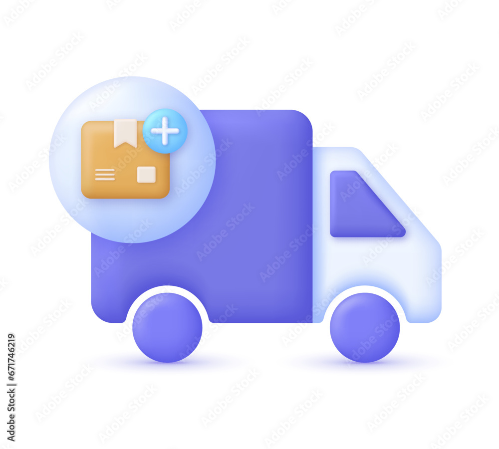 3D Truck with delivery box and plus sign. Add concept. Express delivery, shipping, truck icon, quick move. 3D Truck with delivery box and plus sign. Add concept. Express delivery, shipping, truck icon, quick move.