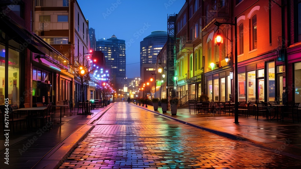 Vibrant cityscape with colorful buildings and a lively street at night. generative AI