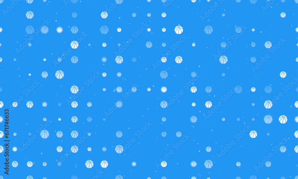 Seamless background pattern of evenly spaced white basketball symbols of different sizes and opacity. Vector illustration on blue background with stars
