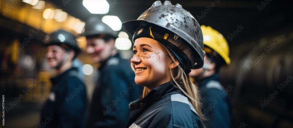 Group of Women Coal mining worker in protective helmet - obrazy, fototapety, plakaty 