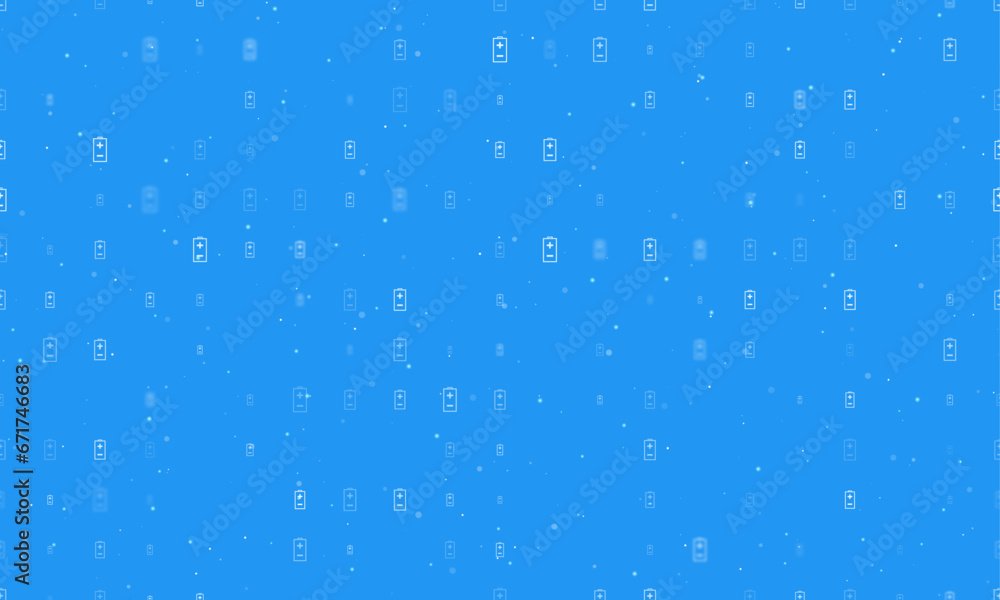 Seamless background pattern of evenly spaced white battery symbols of different sizes and opacity. Vector illustration on blue background with stars Seamless background pattern of evenly spaced white battery symbols of different sizes and opacity. Vector illustration on blue background with stars