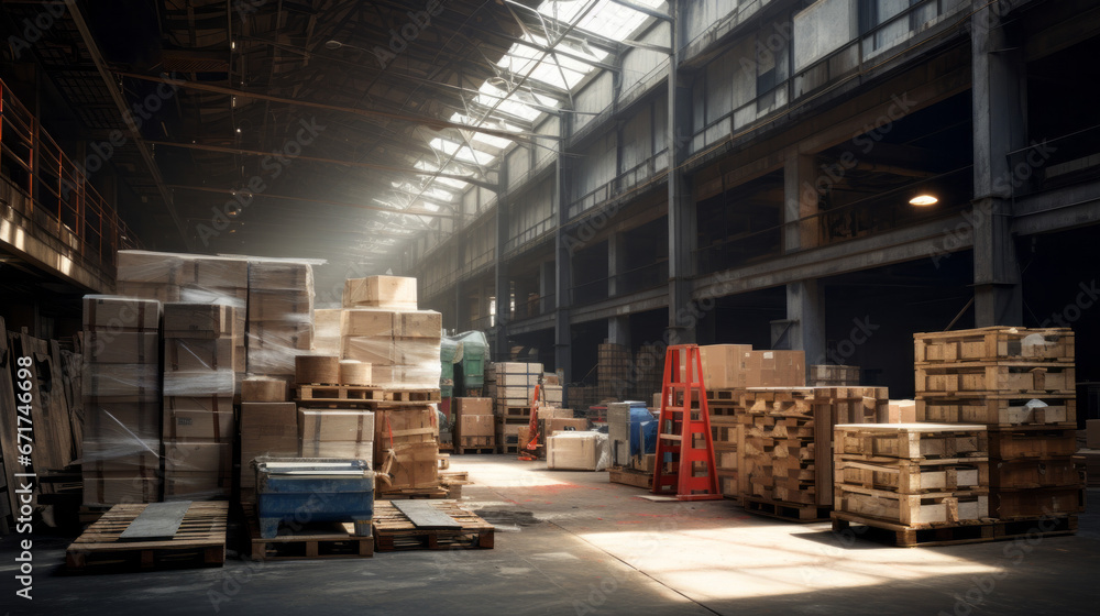 An old, desolate warehouse with broken crates and discarded machinery An old, desolate warehouse with broken crates and discarded machinery