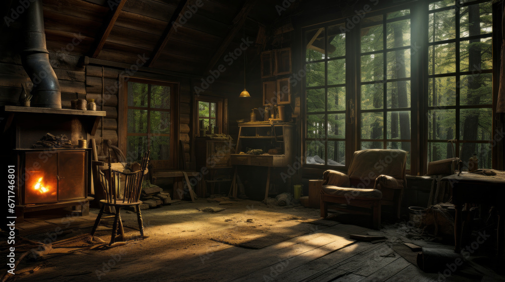 An old, deserted cabin in the woods with broken furniture