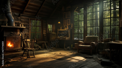 An old, deserted cabin in the woods with broken furniture photo