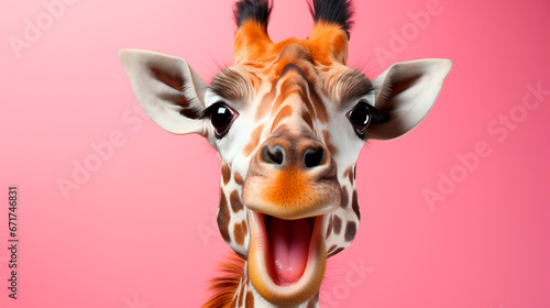 portrait of surprised giraffe on pink background, banner for sale or advertisement, promo action © KEA