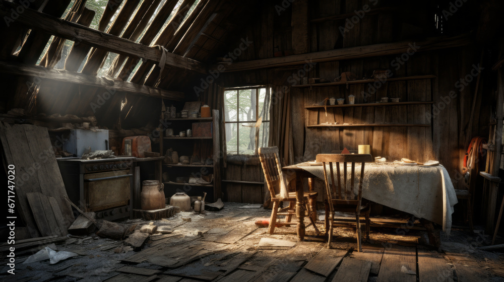 An old, deserted cabin in the woods with broken furniture An old, deserted cabin in the woods with broken furniture