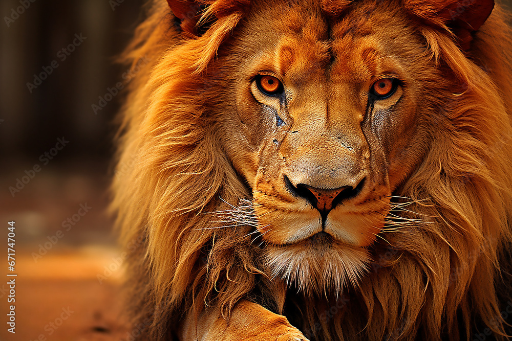 Naklejka premium Beautiful adult lion with mane in nature close-up portrait