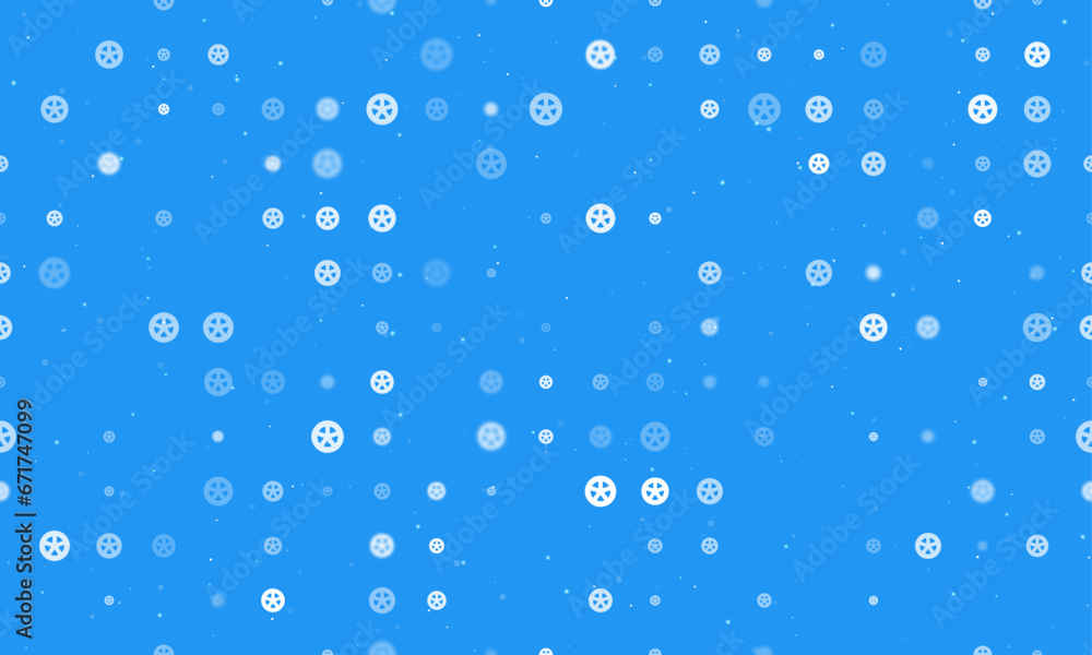 Seamless background pattern of evenly spaced white car wheel symbols of different sizes and opacity. Vector illustration on blue background with stars