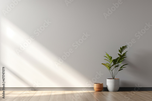 Modern Interior with geometrical sunlight  shadows and natural houseplant. Empty wall mockup