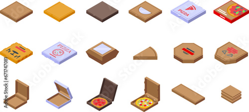 Cardboard pizza box icons set isometric vector. Open empty package. Carton food print