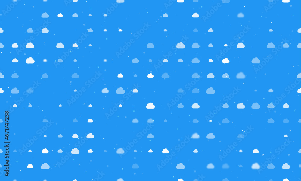 Seamless background pattern of evenly spaced white cloud symbols of different sizes and opacity. Vector illustration on blue background with stars