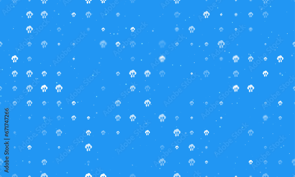 Seamless background pattern of evenly spaced white cloud technology symbols of different sizes and opacity. Vector illustration on blue background with stars