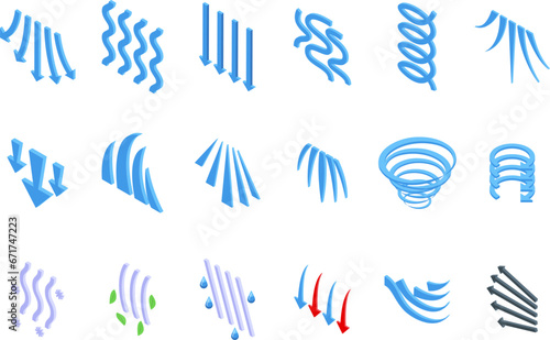 Cold air flow icons set isometric vector. Wind air effect. Wave breath motion