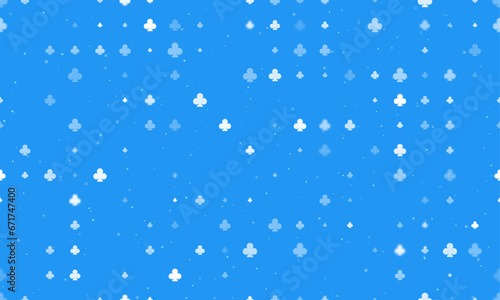 Seamless background pattern of evenly spaced white clubs of different sizes and opacity. Vector illustration on blue background with stars