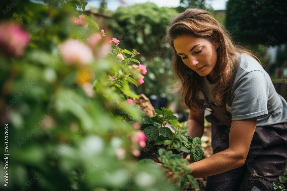 A female gardener, tending to a lush garden, showcasing her green thumb and expertise in landscaping and horticulture. A female gardener, tending to a lush garden, showcasing her green thumb and expertise in landscaping and horticulture.