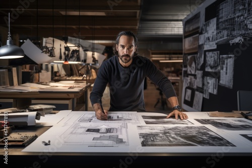 An architect in his modern design studio, surrounded by architectural blueprints and sketches.