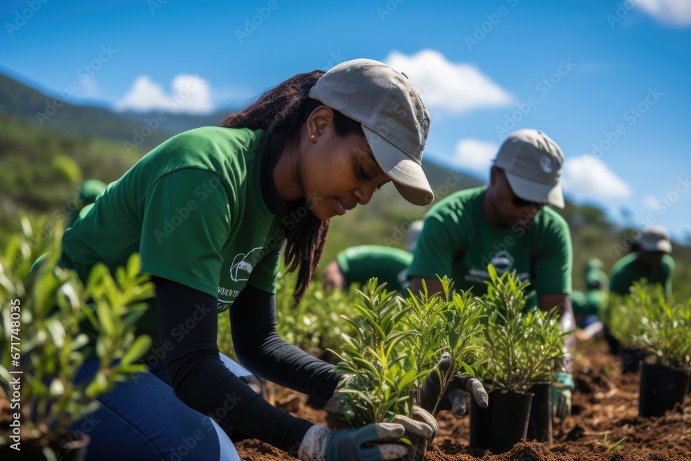 Volunteers planting trees in a reforestation project, working to restore the environment and combat climate change, showcasing their dedication to environmental conservation. - obrazy, fototapety, plakaty 