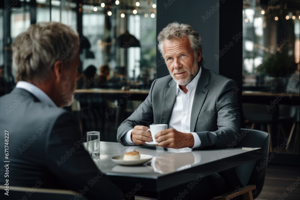 A seasoned, professional businessman engrossed in a lively conversation with a colleague at an upscale café, with a coffee cup on the table, radiating confidence and business acumen.