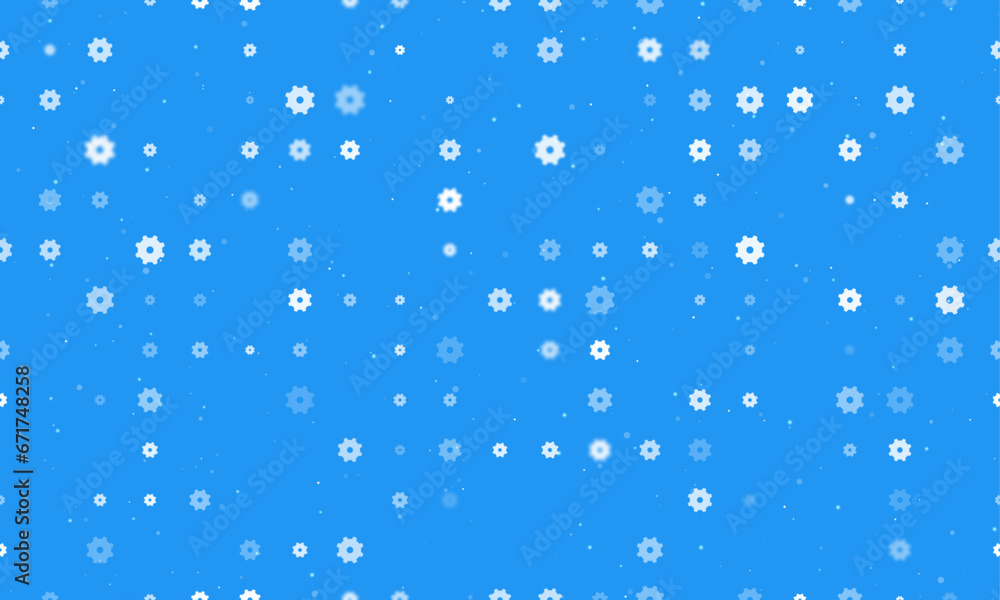 Seamless background pattern of evenly spaced white gear symbols of different sizes and opacity. Vector illustration on blue background with stars