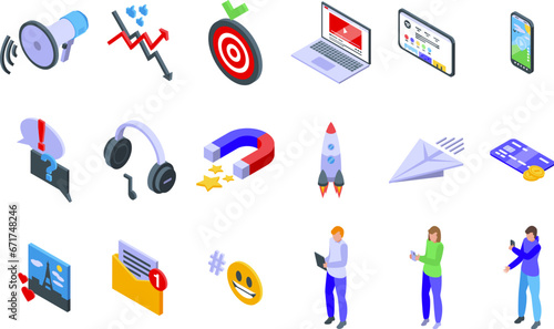 Social media management icons set isometric vector. Agency market content. Digital blog channel