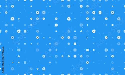 Seamless background pattern of evenly spaced white gear symbols of different sizes and opacity. Vector illustration on blue background with stars