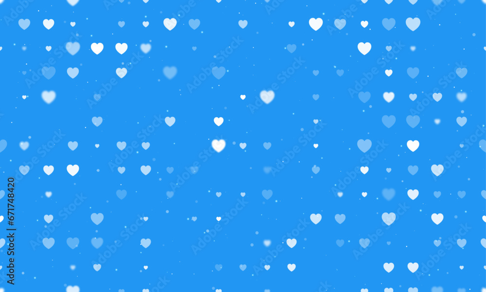 Seamless background pattern of evenly spaced white hearts of different sizes and opacity. Vector illustration on blue background with stars