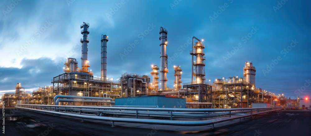 Industrial oil and gas plant at sunset time. Refinery plant. Equipment steel pipes. industrial pipeline and factory Industrial oil and gas plant at sunset time. Refinery plant. Equipment steel pipes. industrial pipeline and factory