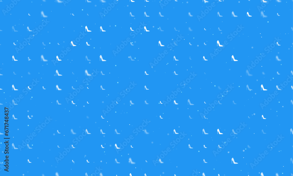 Seamless background pattern of evenly spaced white High heel shoe symbols of different sizes and opacity. Vector illustration on blue background with stars