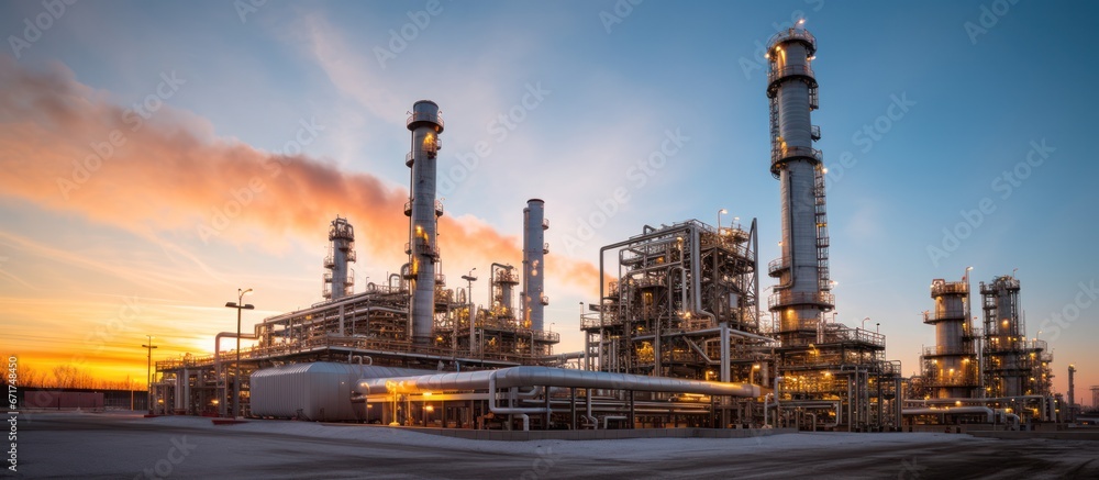 Industrial oil and gas plant at sunset time. Refinery plant. Equipment steel pipes. industrial pipeline and factory