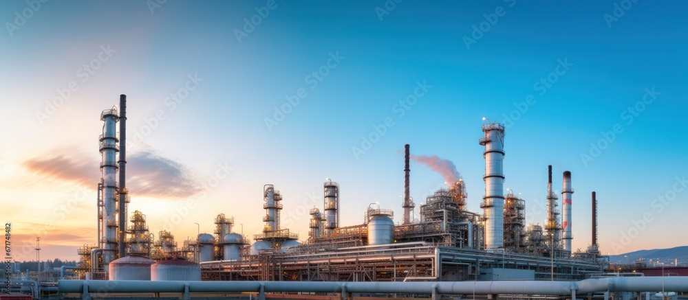 Fototapeta premium Industrial oil and gas plant at sunset time. Refinery plant. Equipment steel pipes. industrial pipeline and factory