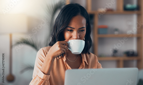 Thinking, planning and working from home on laptop while entrepreneur drinks coffee, tea or hot drink to help concentrate. Freelance blogger or writer with vision ideas, strategy and blog innovation