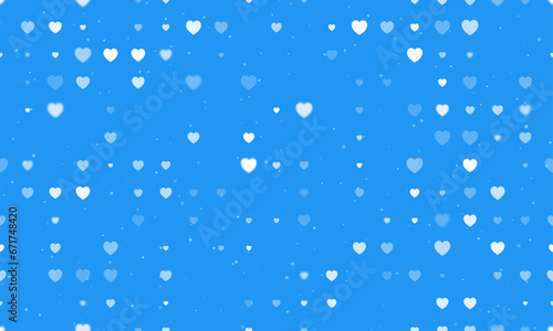 Seamless background pattern of evenly spaced white hearts of different sizes and opacity. Vector illustration on blue background with stars