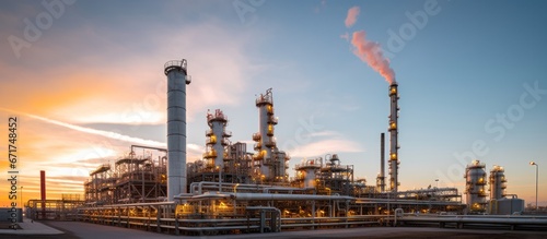 Industrial oil and gas plant at sunset time. Refinery plant. Equipment steel pipes. industrial pipeline and factory