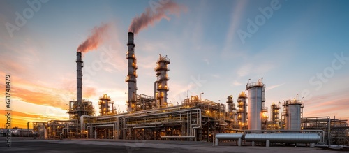 Industrial oil and gas plant at sunset time. Refinery plant. Equipment steel pipes. industrial pipeline and factory