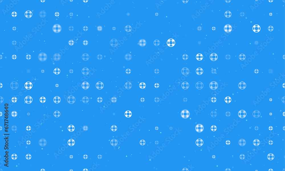 Seamless background pattern of evenly spaced white lifebuoy symbols of different sizes and opacity. Vector illustration on blue background with stars