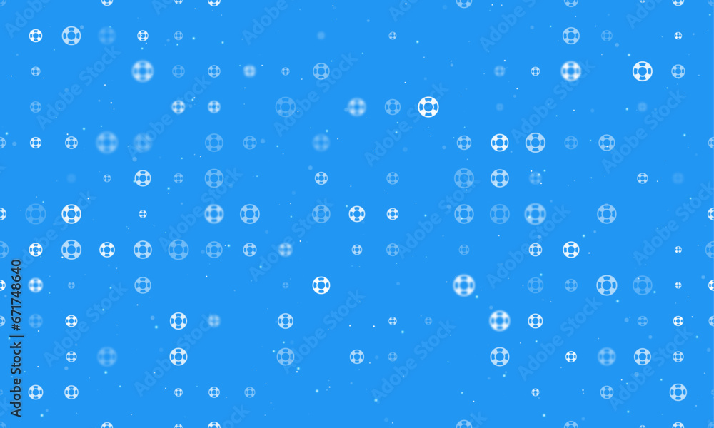 Seamless background pattern of evenly spaced white lifebuoy symbols of different sizes and opacity. Vector illustration on blue background with stars Seamless background pattern of evenly spaced white lifebuoy symbols of different sizes and opacity. Vector illustration on blue background with stars
