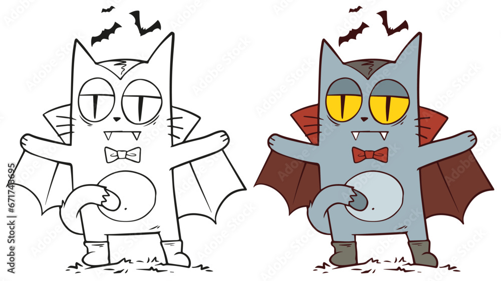 Cartoon funny Halloween vampire cat in cape with bat. Hand drawn vector postcard for coloring.