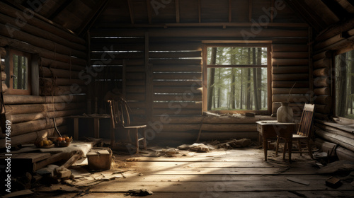 An old, deserted cabin in the woods with broken furniture