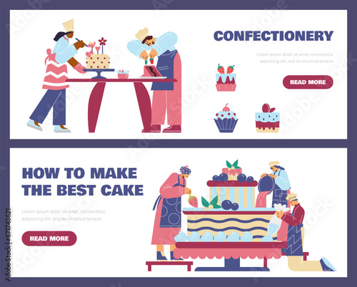 Confectioners prepare desserts, cartoon vector illustration on white