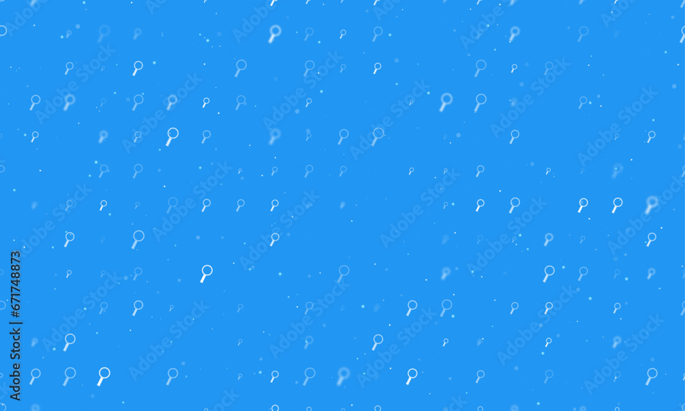 Seamless background pattern of evenly spaced white magnifier symbols of different sizes and opacity. Vector illustration on blue background with stars Seamless background pattern of evenly spaced white magnifier symbols of different sizes and opacity. Vector illustration on blue background with stars