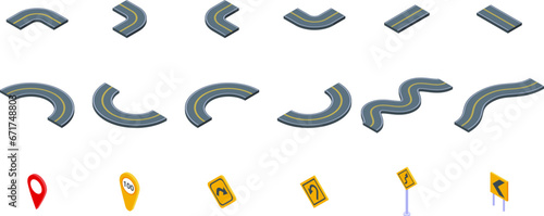 Winding road icons set isometric vector. Vehicle road driving. Car curve distance