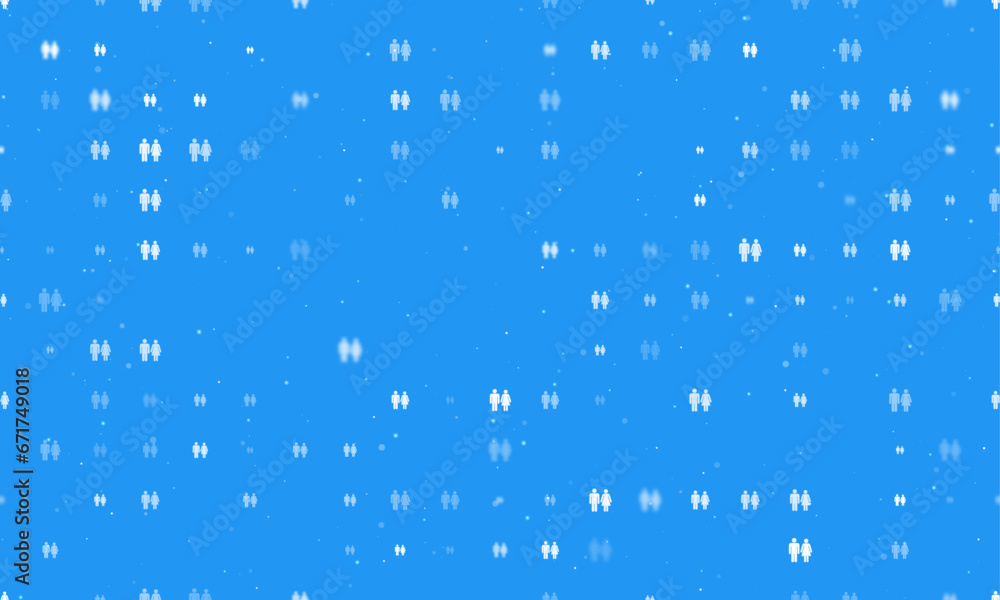Seamless background pattern of evenly spaced white man with woman symbols of different sizes and opacity. Vector illustration on blue background with stars Seamless background pattern of evenly spaced white man with woman symbols of different sizes and opacity. Vector illustration on blue background with stars
