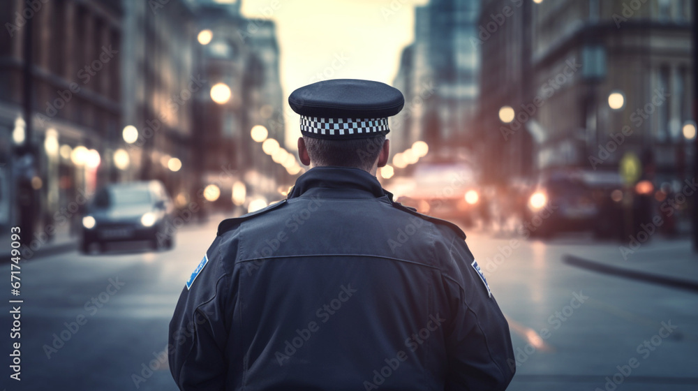 Policeman on city street, background blurred. Banner. Policeman on city street, background blurred. Banner.
