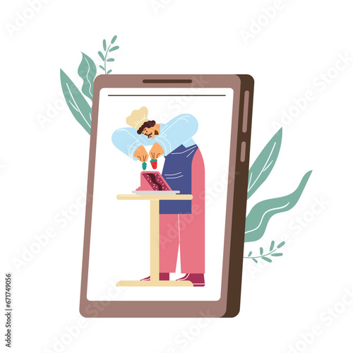 Man confectioner cooking cake, decorates with strawberry on screen recording, vector culinary blog, educational podcast