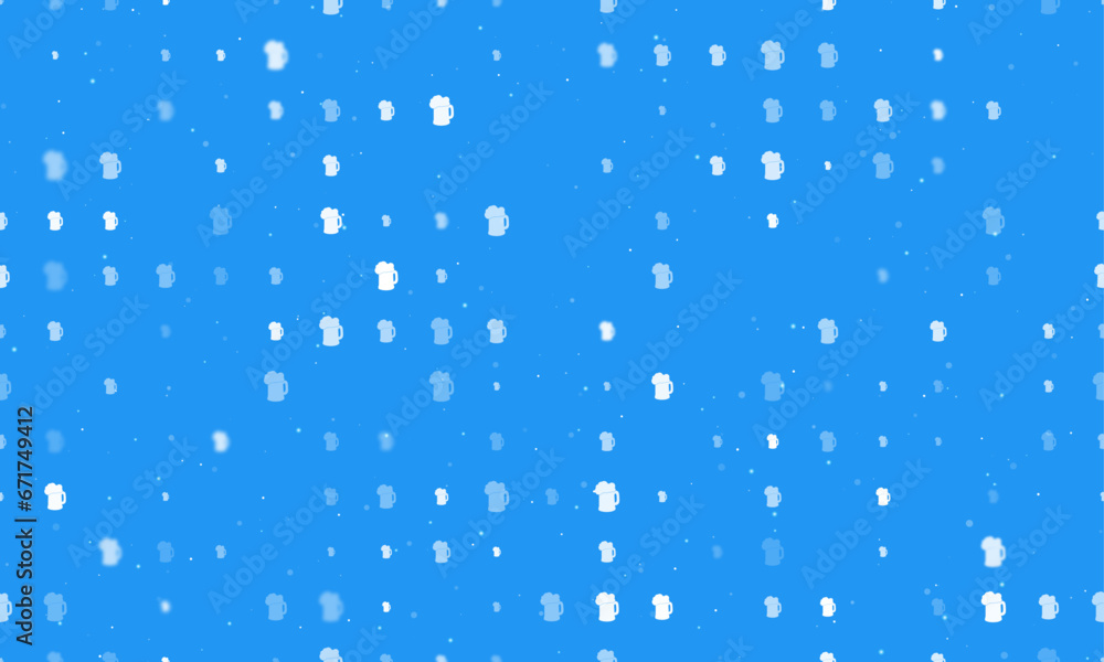 Seamless background pattern of evenly spaced white mug beer symbols of different sizes and opacity. Vector illustration on blue background with stars
