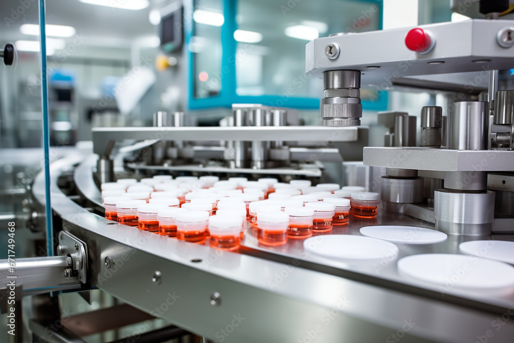 Automated Robotic vitamins, dietary supplements or medicine tablets Line. Pharmaceutical production plant indoors