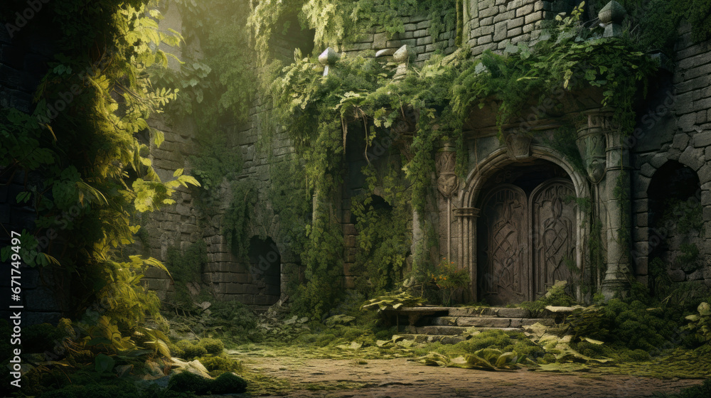 An old, crumbling castle with ivy-covered walls and a single, hidden door 