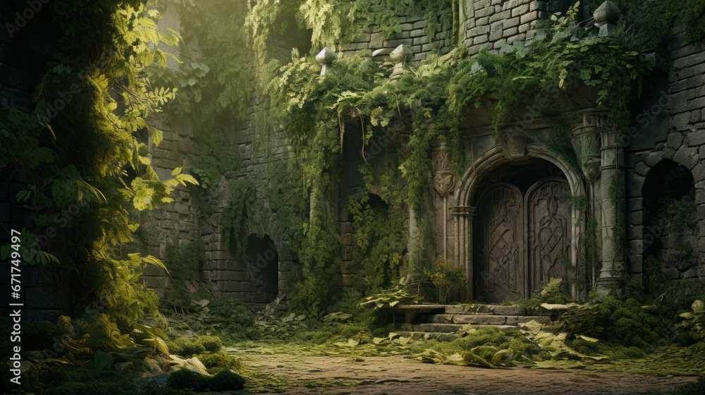 An old, crumbling castle with ivy-covered walls and a single, hidden door An old, crumbling castle with ivy-covered walls and a single, hidden door